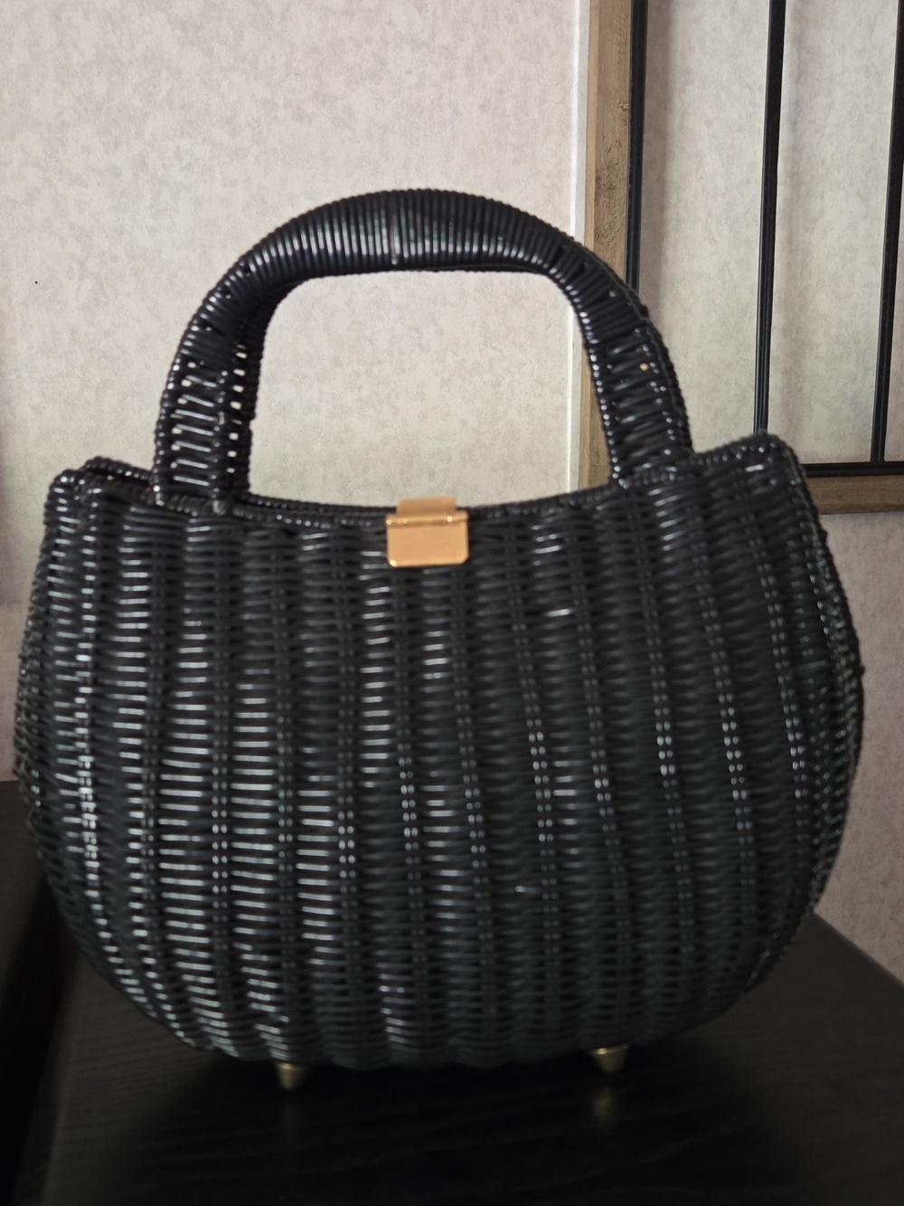 Black Woven Top-Handle Bag with Gold Accent